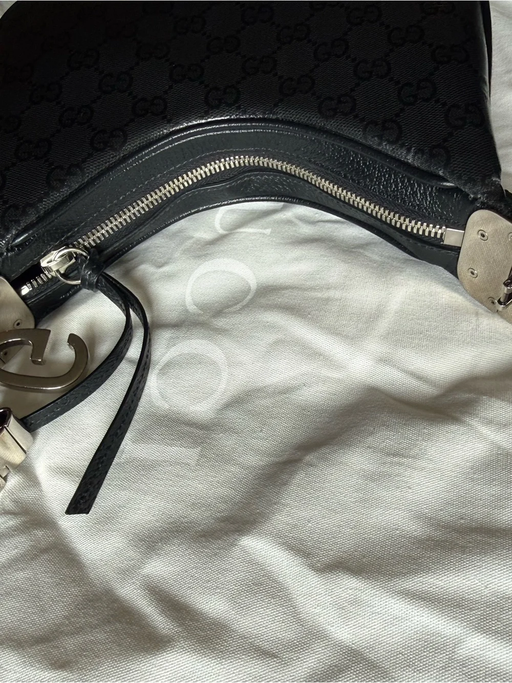 Gucci Black GG Monogram Crescent Shoulder Bag with Red-Blue Web Strap